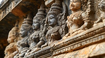 Fototapeta premium Ancient Stone Temple Carving Intricate Detail Goddess Figures Architectural Indian History Religious Culture Heritage Sculpture Asian Art Stonework 