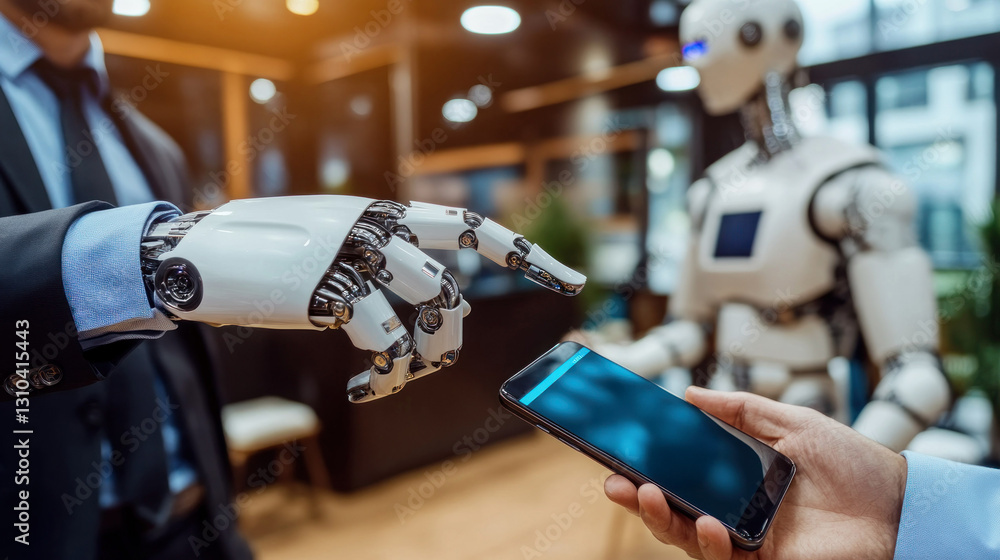 Aufkleber human and robot interaction with smartphone technology in a modern office setting