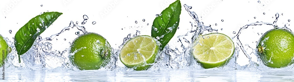 Poster fresh green limes splashing into clear water creating dynamic and refreshing visuals : generative ai