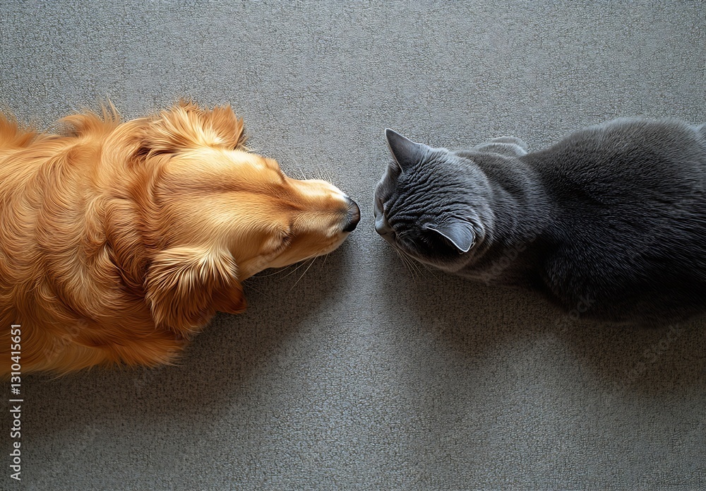 Poster golden retriever dog and gray cat playfully touching noses on soft rug surface : generative ai