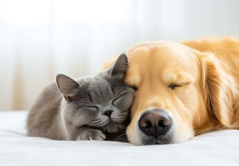Naklejka na ściany i meble Sweet moment of a gray kitten snuggled against a golden retriever sleeping together on a soft bed : Generative AI