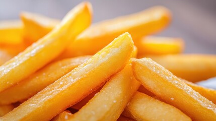 Golden crispy French fries piled high on a rustic wooden background