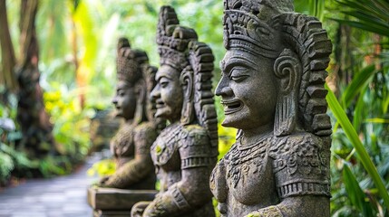 Serene Stone Statues Ancient Asian Garden Tranquil Peaceful Sculptures Spiritual Meditation Nature Background Lush Greenery Detailed Carvings         