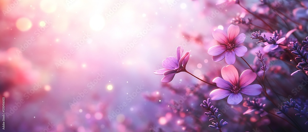Poster charming floral scene with pink flowers and soft lights creating a tranquil outdoor setting : genera
