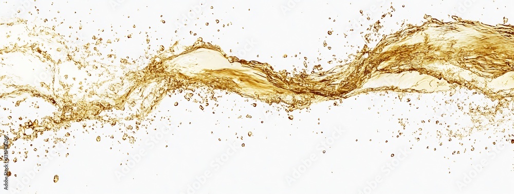 Poster Dynamic splash of golden liquid creating a beautiful wave against a white backdrop : Generative AI