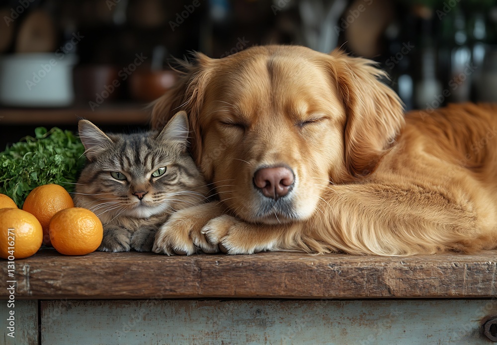 Poster golden retriever and tabby cat enjoying a relaxing moment with fresh citrus fruits : generative ai