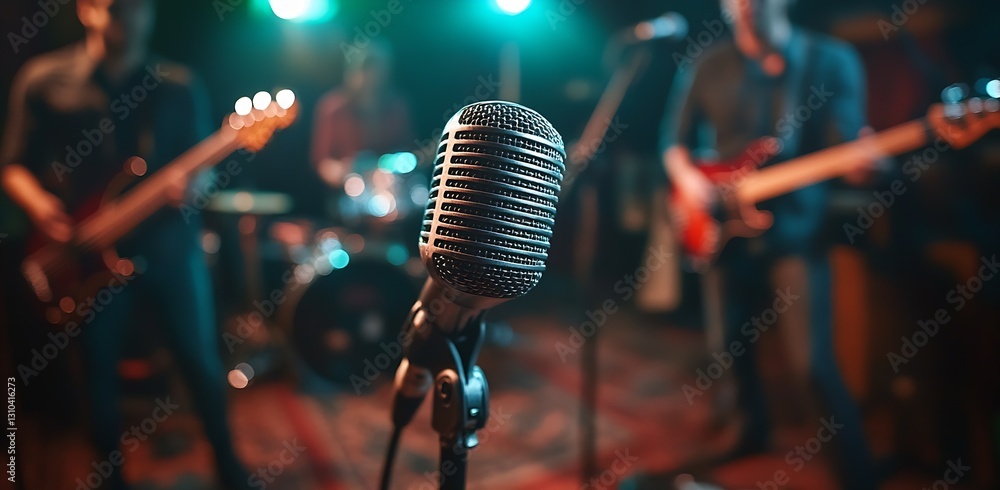 Aufkleber A captivating microphone in focus with a band performing in the background highlighting the joy of live music : Generative AI