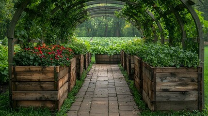 Obraz premium Wooden planter boxes line a garden walkway under an archway