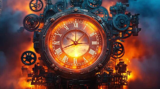 Steampunk clock in fiery atmosphere, possible time travel concept, use in futuristic or fantasy design
