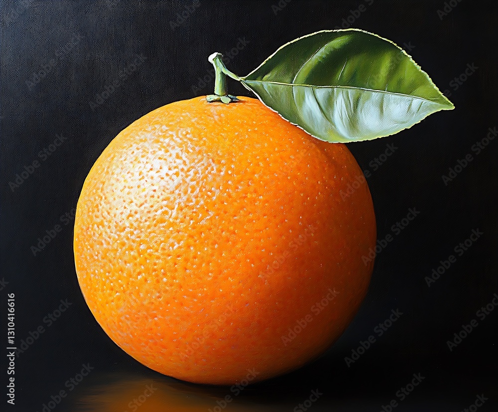 Poster vibrant orange fruit with a green leaf resting on a dark backdrop highlighting its texture and fresh