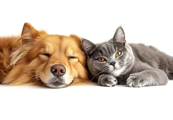 Adorable grey cat and golden retriever dog resting together against a white backdrop showcasing their bond : Generative AI
