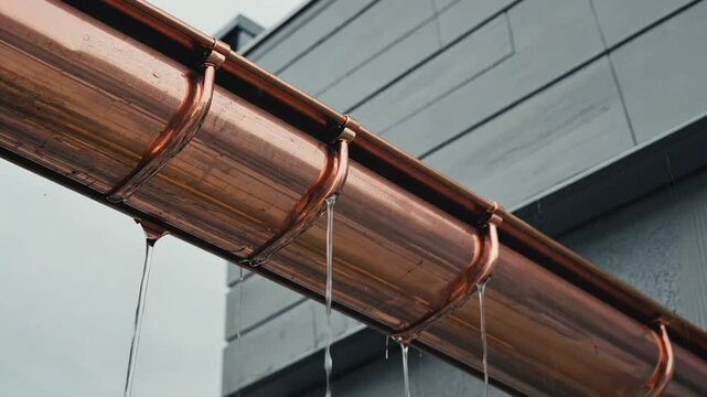 Copper Gutter System Draining Rainwater: Architectural Detail