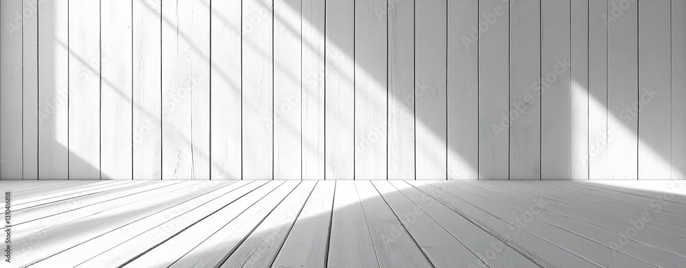 Poster minimalist black and white empty room with wooden floor and natural light shadows : generative ai