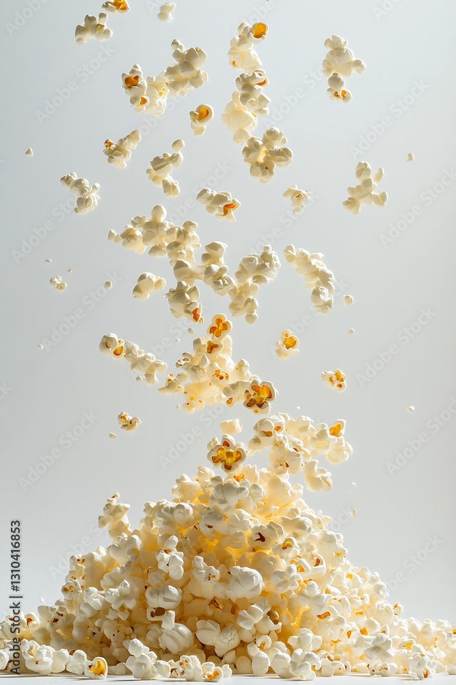 Aufkleber Airborne popcorn kernels captured midexplosion creating a dynamic and playful food photography display : Generative AI