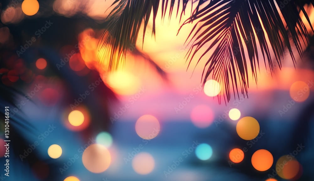 Aufkleber stunning sunset with palm leaves and colorful bokeh lights creating a dreamy tropical atmosphere : g
