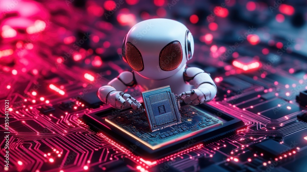 Poster cute robot assembling computer chip on vibrant circuit board with neon lights