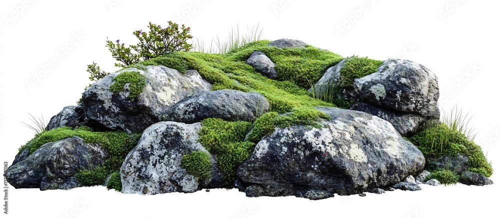 Poster large cluster of rugged rocks adorned with lush green moss and delicate foliage showcasing natural s