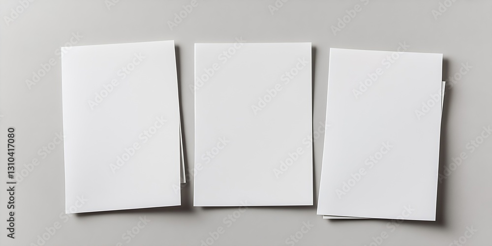 Aufkleber Three blank sheets of white paper arranged on a gray background for creative design mockups : Generative AI