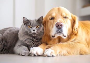 Adorable cat and dog sharing a cozy moment together on a soft surface conveying love and companionship : Generative AI