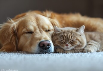 Sleepy golden retriever and cute ginger cat snuggling together on a soft carpet in a cozy setting : Generative AI