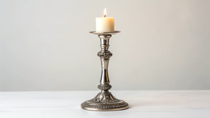 Silver Candle Holder with Candle on White Background