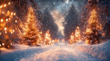 Fototapeta premium Snowy forest path lit by Christmas lights at night