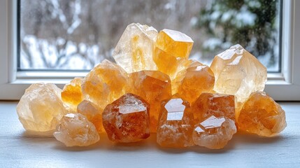 Pile of orange crystals on windowsill, winter view