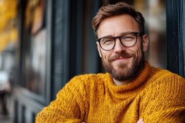 Obraz premium Smiling Middle-Aged Caucasian Man in Cozy Knit Sweater Enjoying a Coffee at a Café, Exuding Happiness and Warmth on a Beautiful Autumn Day