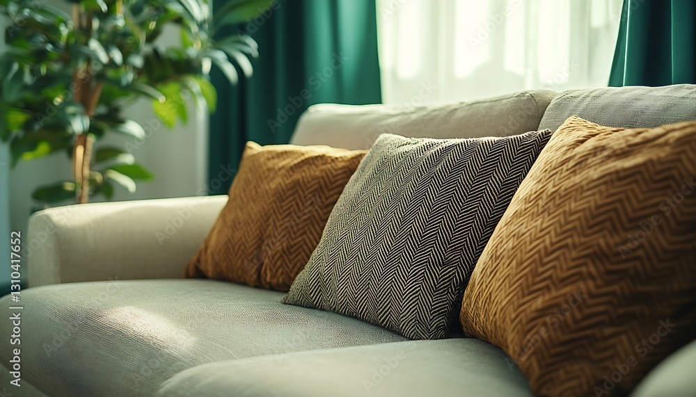 Poster modern sofa with cozy cushions and lush green background offering a relaxing vibe : generative ai