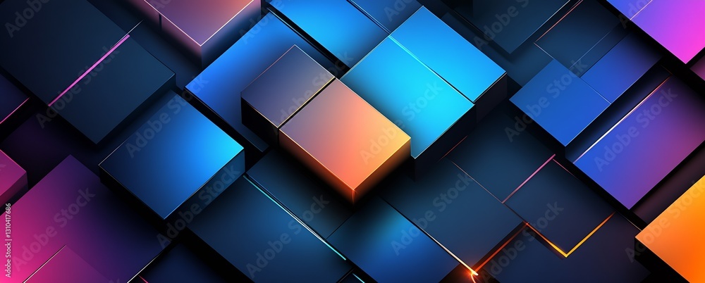 Poster Abstract digital art showcasing layered colorful cubes and shapes in vibrant blue and orange hues : Generative AI