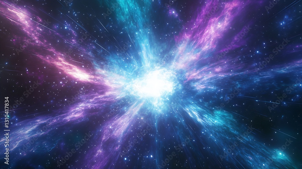 Fototapete Vibrant cosmic explosion with an array of colors illuminating a dark starry background : Generative AI