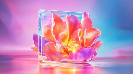 Vibrant Orange Flower in Glass Cube, Abstract Floral Still Life, Colorful Background