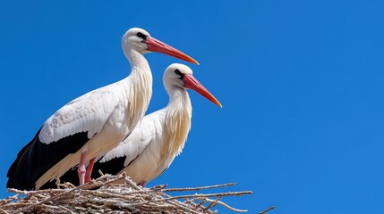 Obraz premium Elegant white storks perched gracefully in Algarve's azure skies