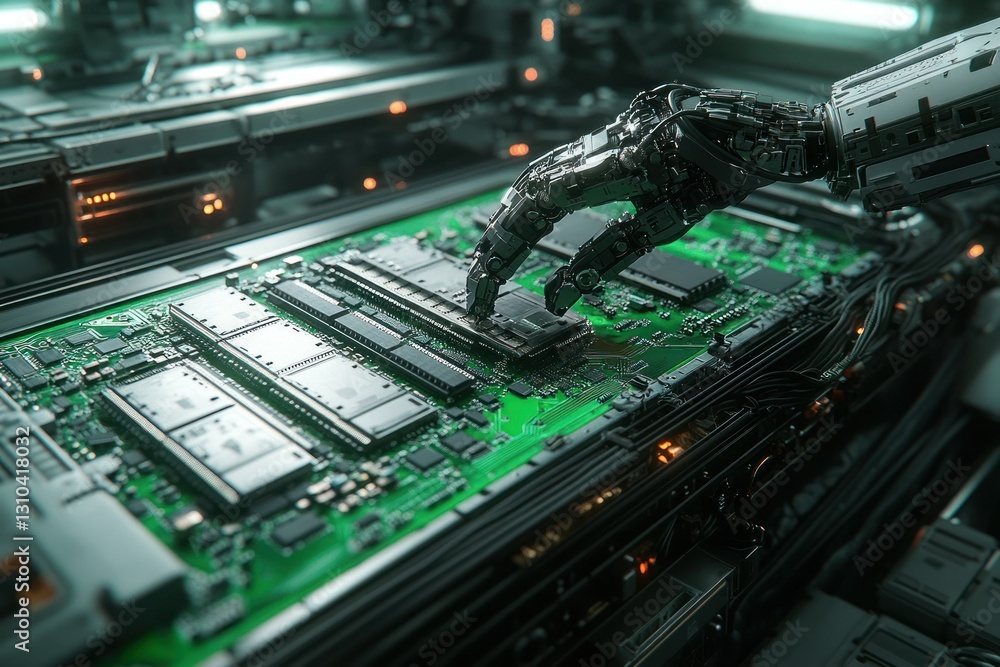 Poster futuristic robotic hand interacting with computer circuit board in a high-tech environment
