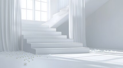 Obraz premium Minimalist White Staircase with Daisies and Curtains