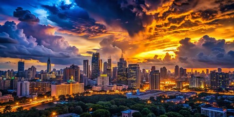 Dramatic Cityscape Evening Sky: Deep Clouds Over Urban Skyline Stock Photo