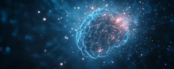 Futuristic illustration of a human brain made of glowing connections and particles in blue light : Generative AI