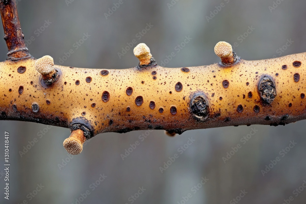Poster close-up of textured tree branch with unique growths and natural patterns in soft light