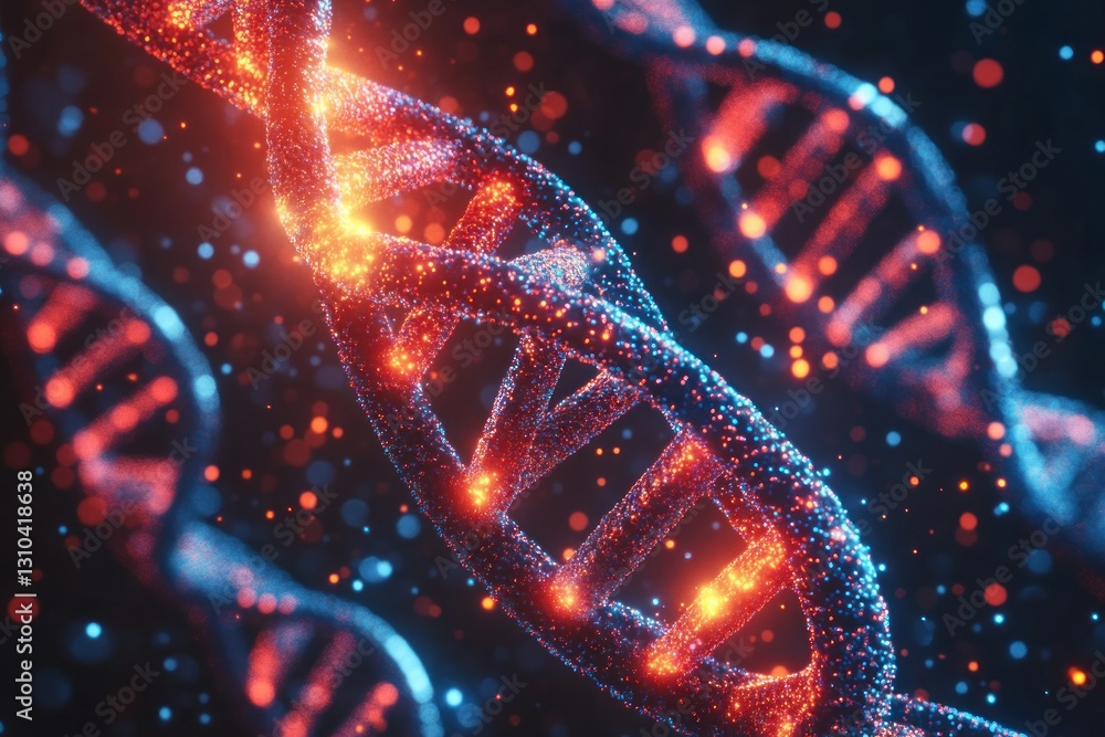Poster glowing dna helix structure with sparkling particles in dark background