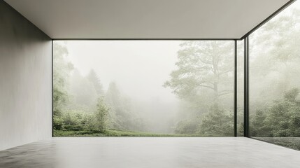 Serene Modern Interior with Large Window Overlooking Foggy Green Forest Landscape