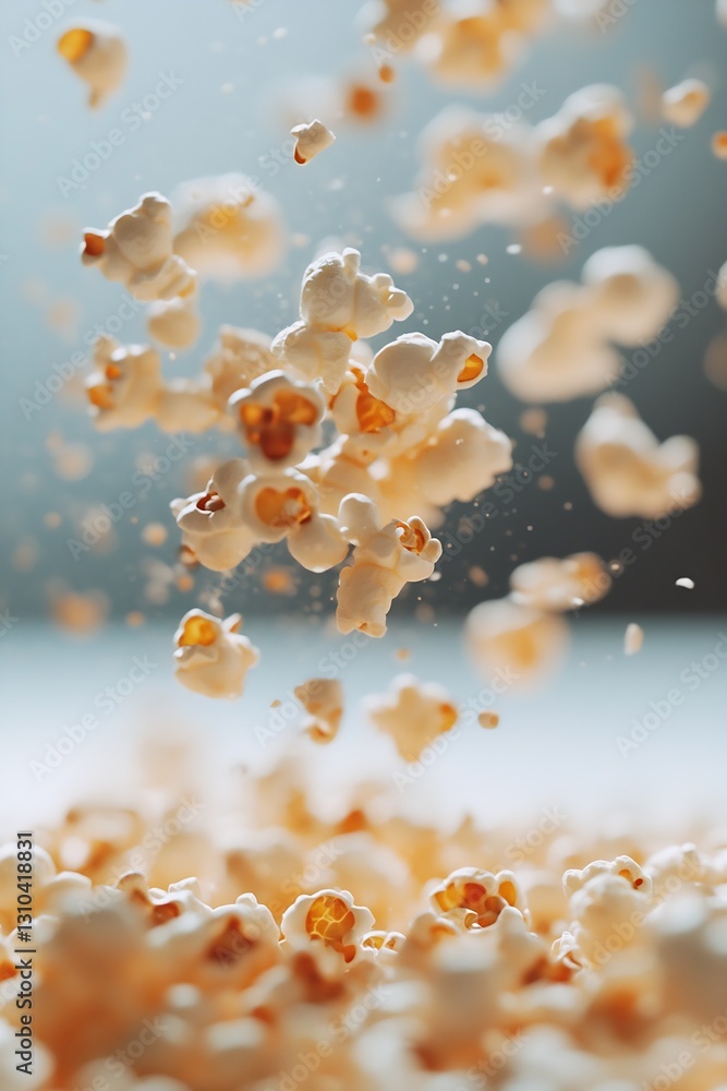 Poster delicious popcorn kernels flying in the air capturing the playful essence of movie snacking moments 