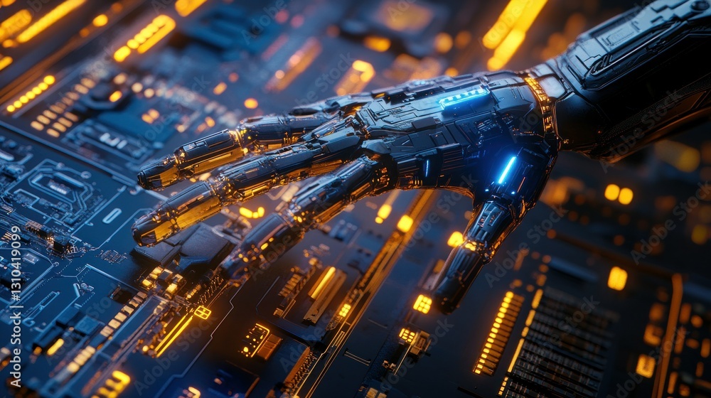 Poster futuristic robotic hand interacting with high-tech circuit board in neon glow