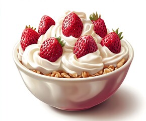 Vibrant strawberry yogurt bowl with whipped cream and granola served in a charming dessert style : Generative AI