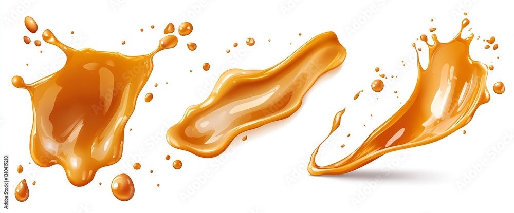 Poster dynamic collection of golden orange liquid splashes and drips on white background for artistic purpo