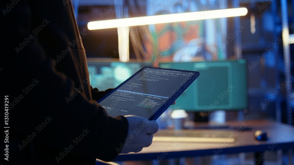 Poster hacker using vpn as anonymity tool to mask his online identity while committing data breaches using 