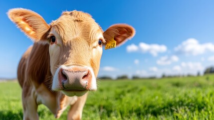 Cow enjoying lush grass under a bright blue sky with clouds