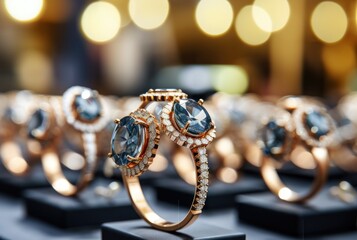 Wedding ring. Wedding rings on the table in a jewelry store. Wedding accessories. Jewelry ring in luxury jewelry store. Luxury jewelry shop. Wedding or Engagement Concept with copy space. 