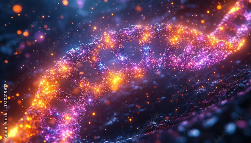 Poster colorful dna double helix structure with glowing particles in a cosmic background