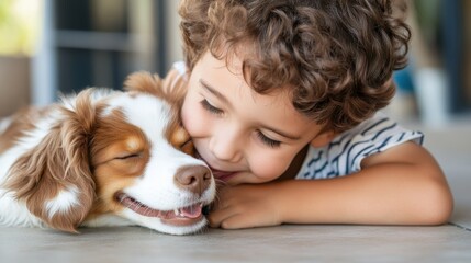 Boy shares a loving moment with his Australian Shepherd dog in the sun