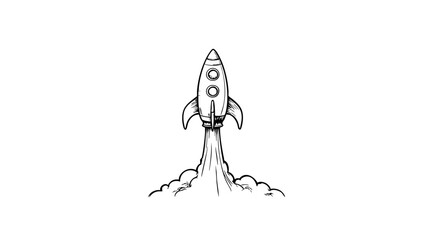 Vintage sketch of a rocket launching against a white background  